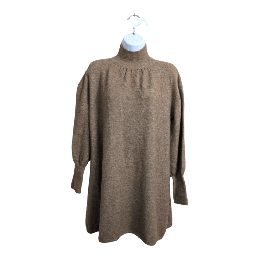 Zara Brown Taupe Wool Camel Mini Knit Sweater Dress Mock Neck Long Sleeve M